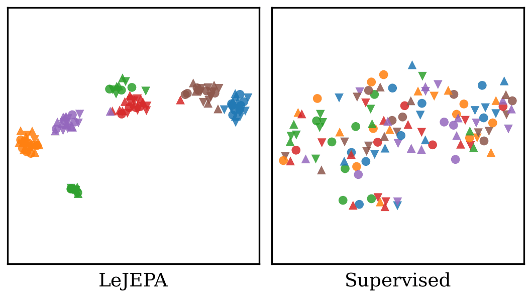 Two-panel t-SNE of market-window embeddings colored by ticker. LeJEPA (left) forms six tight, well-separated per-ticker islands; the supervised return-classifier (right) is a single undifferentiated cloud.